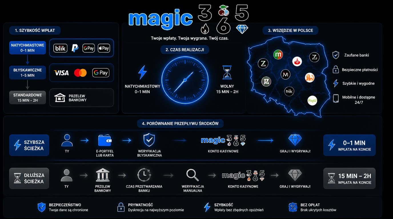 Schemat metod płatności od natychmiastowych do wolnych w Magic365